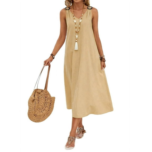 Dresses for Women Spring Summer Sleeveless V Neck Cotton Beach Casual Dress Khaki S