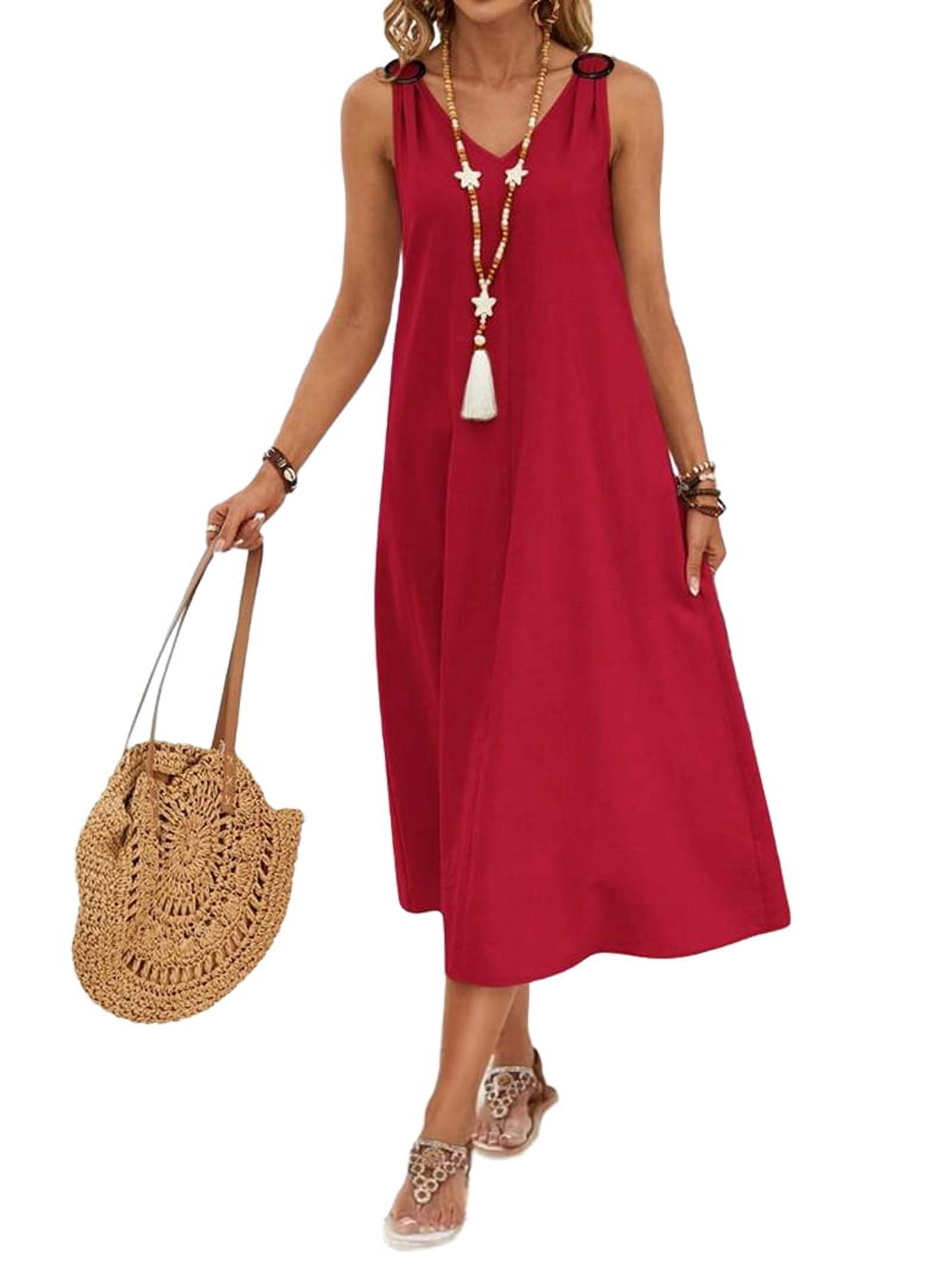 Dresses for Women Spring Summer Sleeveless V Neck Cotton Beach Casual Dress Wine Red XL