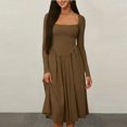thumbnail image 1 of Dresses for Women Square Neck Long Sleeve Fitted Waist Solid Color Work Formal Wedding Guest Casual A-Line Midi Dress, 1 of 5