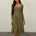 thumbnail image 1 of Dresses for Women Square Neck Long Sleeve Fitted Waist Solid Color Work Formal Wedding Guest Casual A-Line Midi Dress, 1 of 5