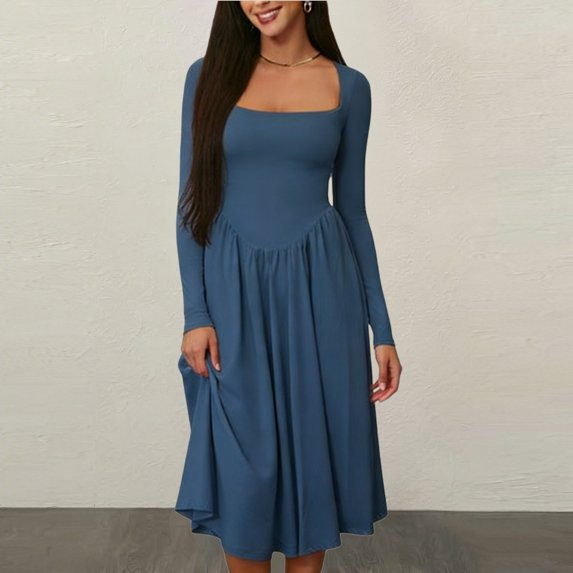 Dresses for Women Square Neck Long Sleeve Fitted Waist Solid Color Work Formal Wedding Guest Casual A-Line Midi Dress