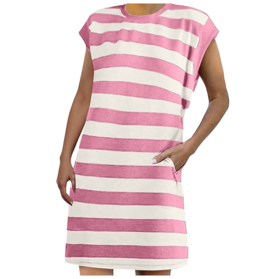 Dresses for Women Striped Summer Dresses 2024 Crewneck Cap Sleeve Color Block Casual A Line Tshirt Dress with Pockets