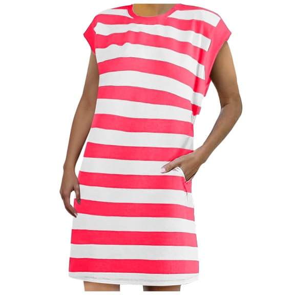 Dresses for Women Striped Summer Dresses 2024 Crewneck Cap Sleeve Color Block Casual A Line Tshirt Dress with Pockets
