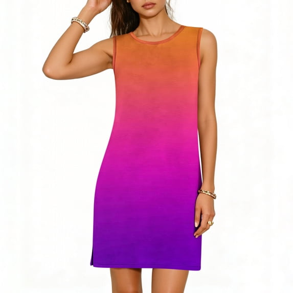 Dresses for Women Summer Casual Tie Dye Side Split Tank Dress Sleeveless Lightweight Loose Comfy Crewneck T Shirt Dress