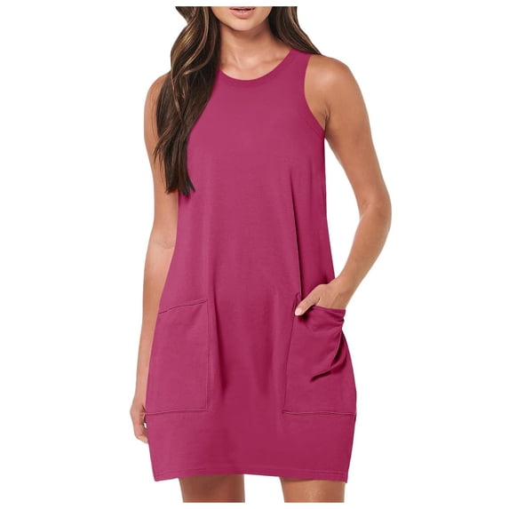 Dresses for Women Summer Crew Neck Sleeveless Dress Casual Beach Cotton Workout Sport Tennis Athletic Mini Dress with Pockets
