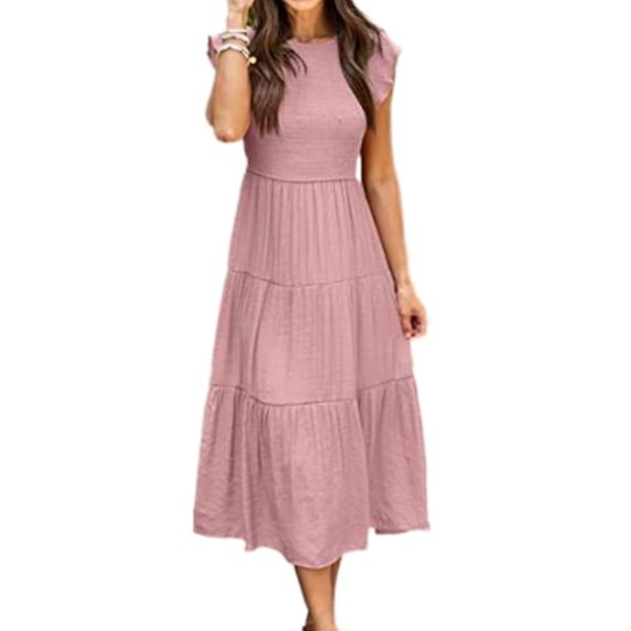 Dresses for Women Summer Flutter Short Sleeve Fashion Women Flowy Dresses Casual Smocked Elastic Waist Tiered Midi Dresses Alsol Lamesa