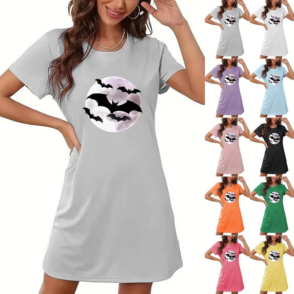 Dresses for Women Summer Halloween Women's Large Size Short Nightdress With Chest Print Round Neck And Short Sleeves Purple XXL