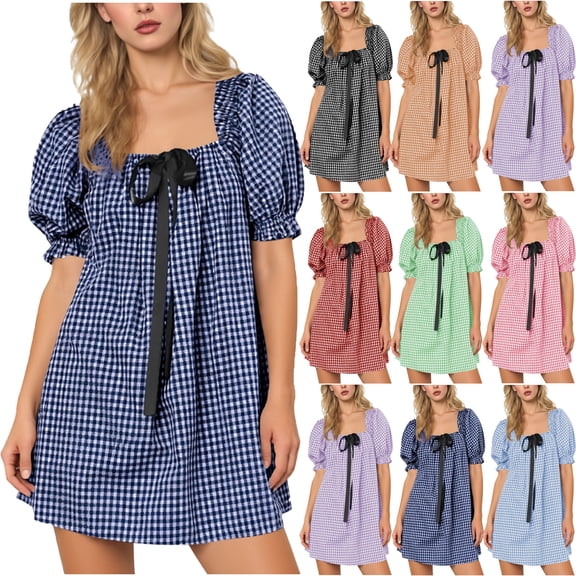 Dresses for Women Summer Plaid Flower Sleeve Solid Color Short Skirt Ladies Bandage Short Sleeve Dress