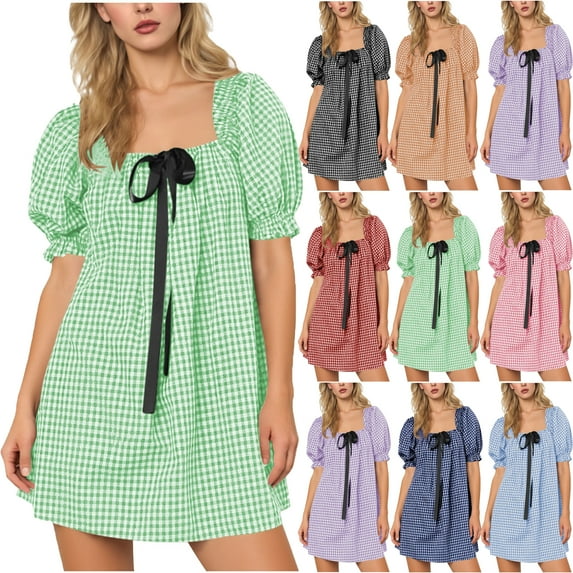 Dresses for Women Summer Plaid Flower Sleeve Solid Color Short Skirt Ladies Bandage Short Sleeve Dress