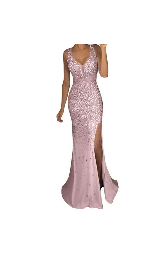 Dresses for Women Summer Sleeveless Sequin Prom Party Ball Gown Gold Evening Bridesmaid V Neck Long Dress