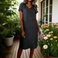 thumbnail image 1 of Dresses for Women Summer Solid Color Crewneck Loose Short Sleeve Everyday Vacation Casual Linen Dress Size S-2XL, 1 of 7