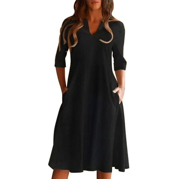 Dresses for Women Summer V Neck Casual Solid Color Cotton Swing Dress