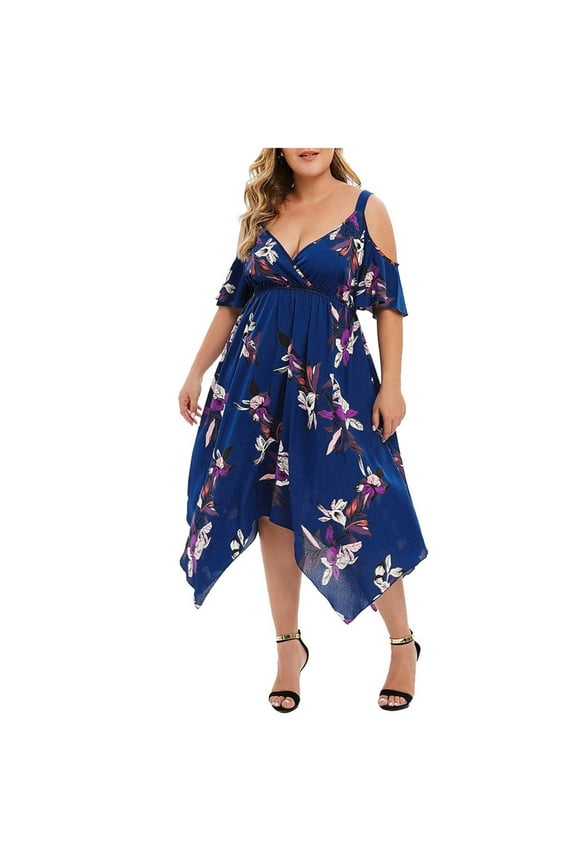 Dresses for Women Summer Wedding Guest Short Sleeve Fashion Plus Size Open Shoulder Floral Printed Handkerchief V-Neck Dress