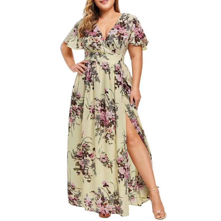 plus size boho wedding guest dress Plus Size Boho Wedding Dress with Lace and V-Neck - Long Sleeves Wedding Dress with Deep Front Cut and High Slit
