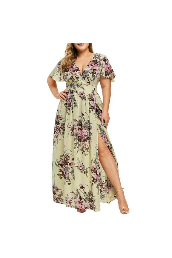 Dresses for Women Summer Wedding Guest Short Sleeve Plus Size V Neck Floral Print Boho Dress Party Dress