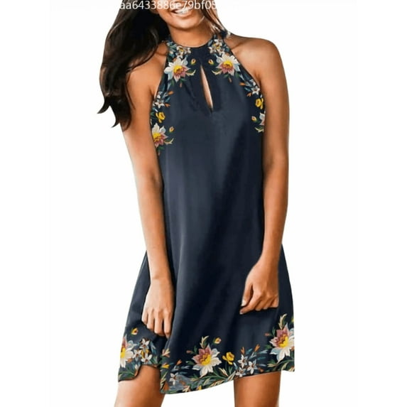 Dresses for Women Summer Wedding Guest Sleeveless Beach Boho Print Halter Neck Splice Dress