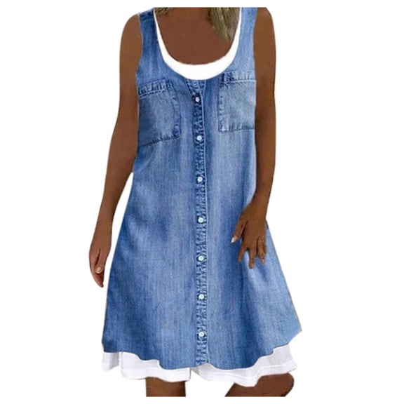 Dresses for Women Summer Wedding Guest Sleeveless Casual Denim Print Dress O-Neck Loose Two Dress