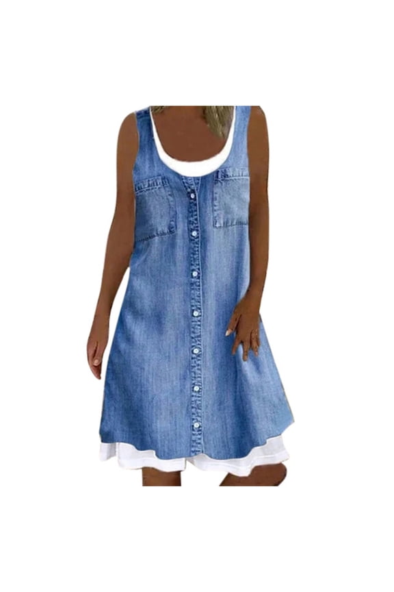 Dresses for Women Summer Wedding Guest Sleeveless Casual Denim Print Dress O-Neck Loose Two Dress