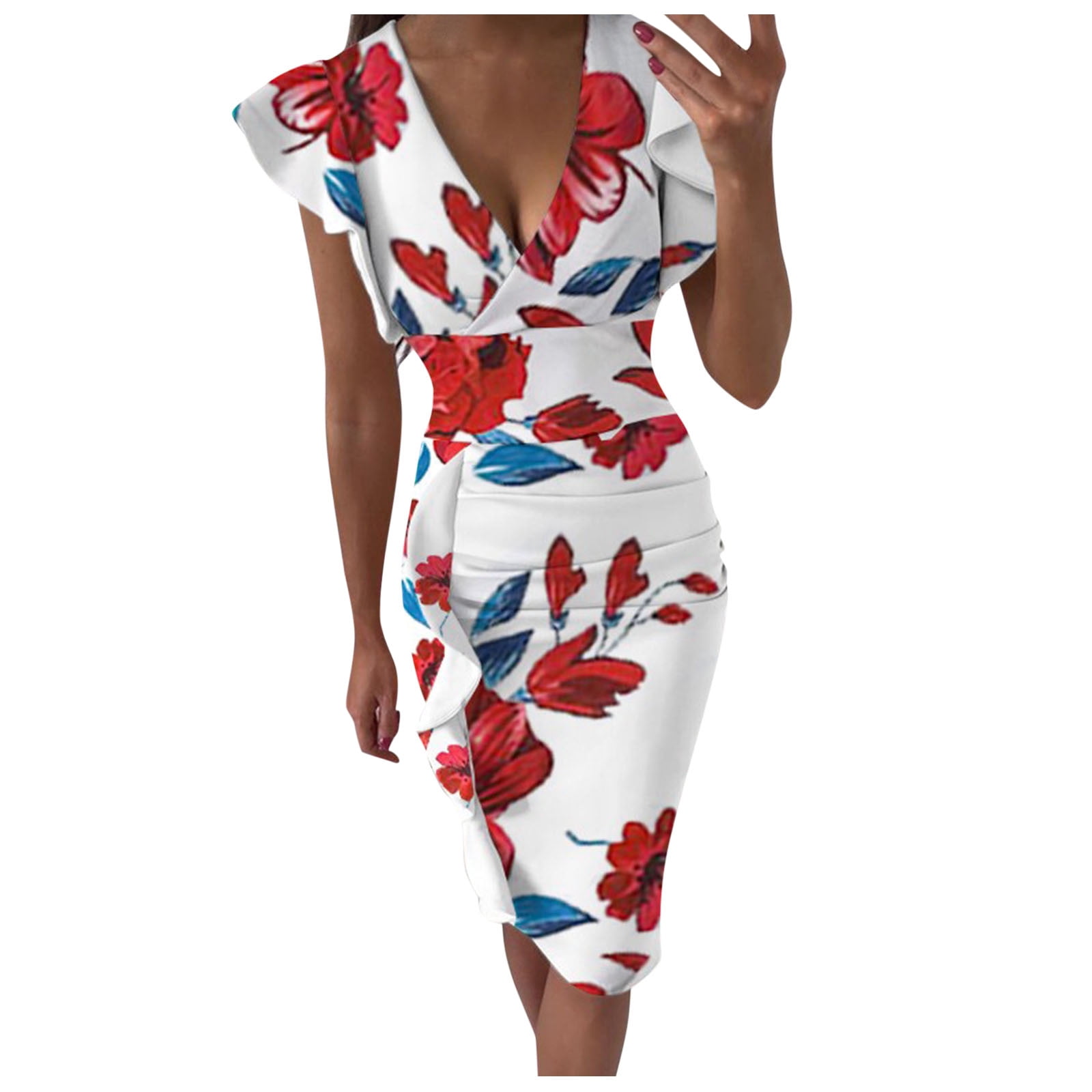 Dresses for Women Summer Wedding Guest Sleeveless Print Maxi Multicolor  Print V-Neck Pleated Slit Dress - Walmart.com