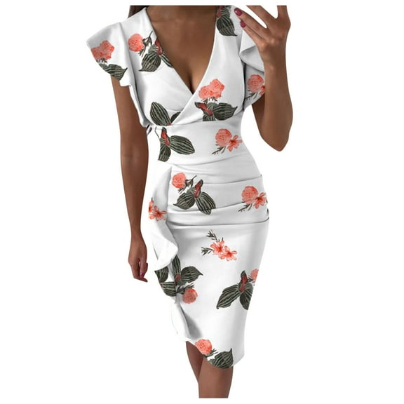 Dresses for Women Summer Wedding Guest Sleeveless Print Maxi Multicolor Print V-Neck Pleated Slit Dress