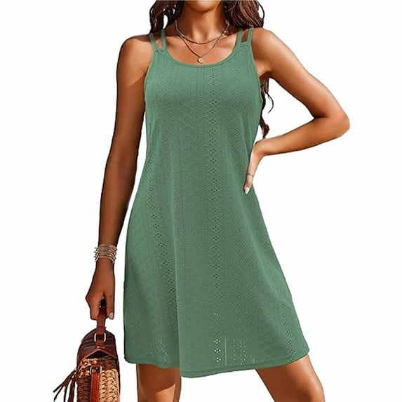 Dresses for Women Swimsuit Cover Up Spaghetti Strap Eyelet Embroidery Sleeveless Sundress Green M