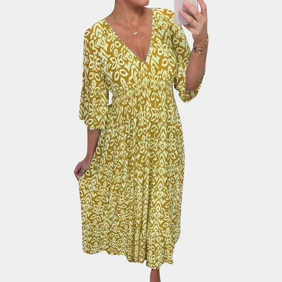 Dresses for Women Trendy Boho Floral Print Cover Up V Neck Half Sleeve Solid Sundress Yellow M
