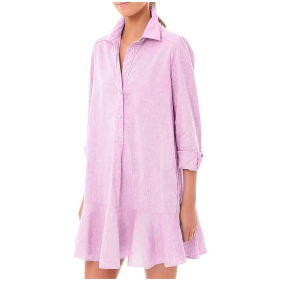 Dresses for Women Tunic Shirt Mini Dress Long Sleeves Short Dress Button Up Ruffle Hem Shift Dresses with Pockets