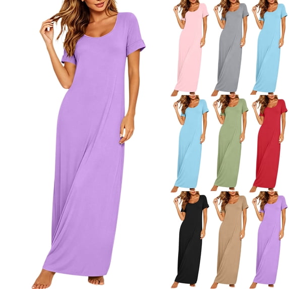 Dresses for Women U Square Neck Cuffed Short Sleeve Solid Color Loose Casual Maxi Dress for Summer Daily Beach