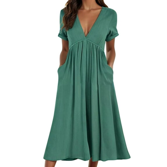 Dresses for Women UK Women's Summer Solid Color Short Sleeved Cotton Linen Waist Casual Maxi Dress Summer Dresses
