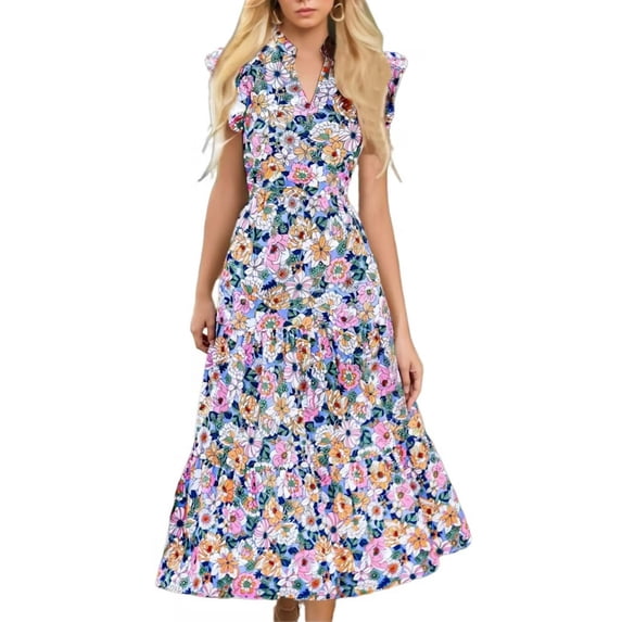 Dresses for Women V Neck Floral Ruffle Sleeve Flowy Midi Dress Boho for Beach Party Resort Wedding Guest Summer Going Out Dress