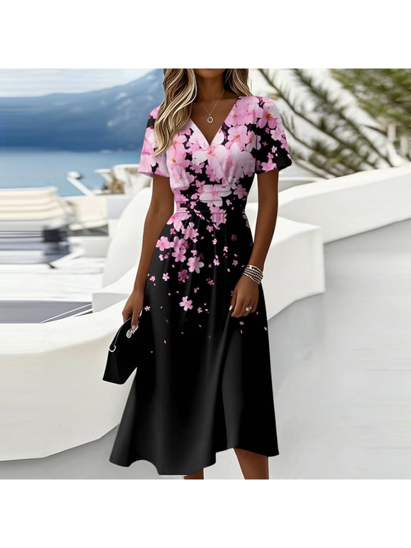 Dresses for Women V Neck Short Sleeve Cocktail & Church Tea Dresses High Waist A-Line Swing Sundress