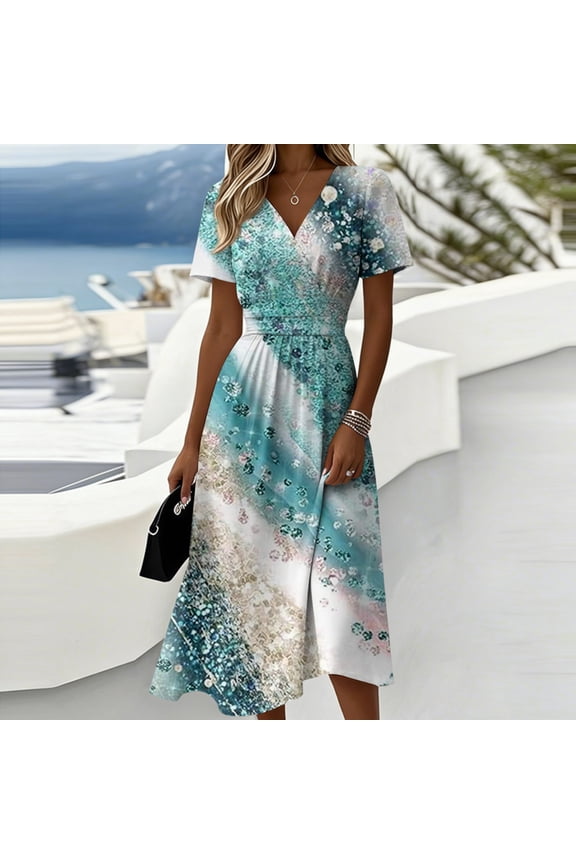 Dresses for Women V-Neck Short Sleeve Print Midi Dress Wrap Waist A-Line Elegant Office Dress Mint Green 3XL