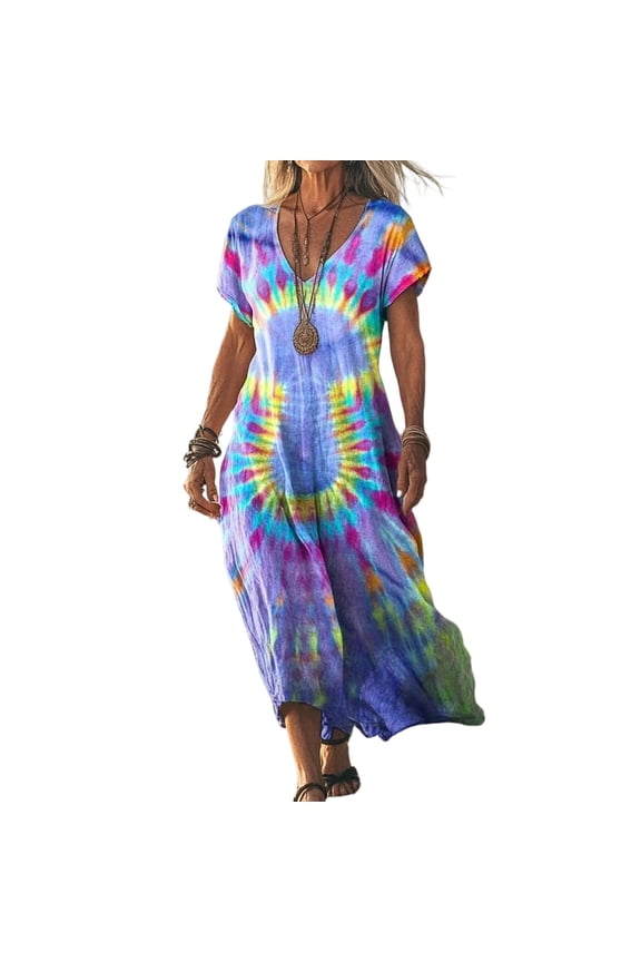 Dresses for Women V-Neck Short Sleeve Tie-Dye Print Maxi Dress Loose Flowy Casual Boho Sundress Blue XL