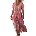 thumbnail image 1 of Dresses for Women V-Neck Short Sleeve Tie-Dye Print Maxi Dress Loose Flowy Casual Boho Sundress Hot Pink 2XL, 1 of 2