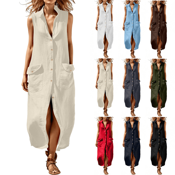 Dresses for Women V Neck Sleeveless Button Down Shirt Dress with Pockets Loose Everyday Casual Cotton Linen Sundress,Sizes S-2XL