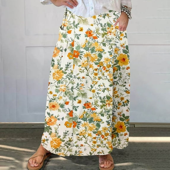 Dresses for Women Viikei Womens Skirts Clearance under $5,Women's Printed Elastic Waistband Pleated Pocket Skirt With Mid Calf Skirt Yellow S