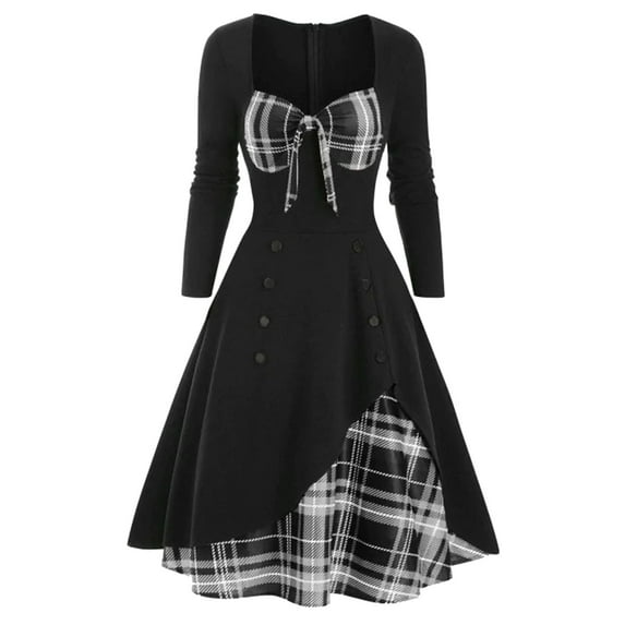 Dresses for Women Vintage Casual Plaid Print Gothic Contrast Splicing Double Swing Sun Dress Grey XXL