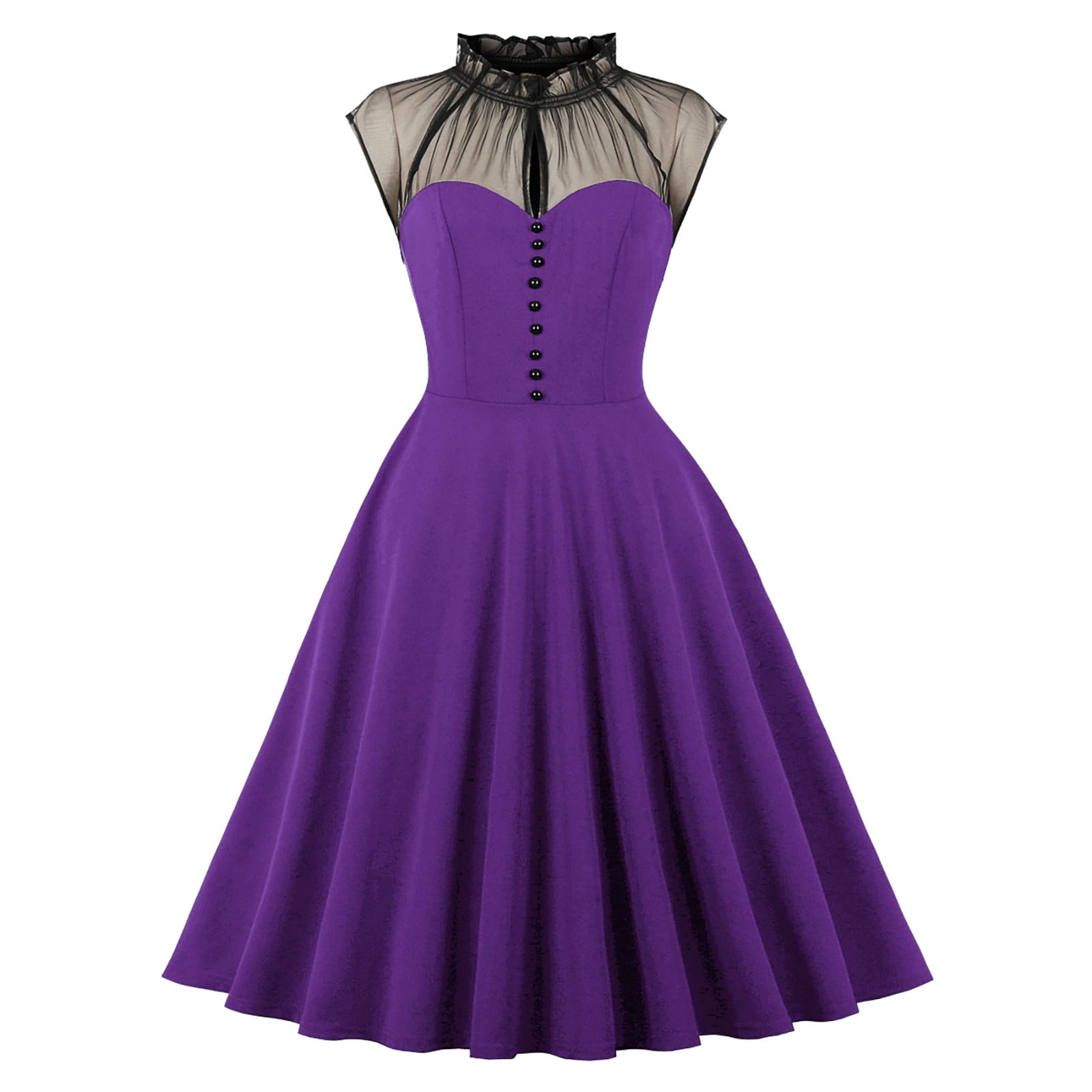 Dresses for Women Vintage Style Full Swing Skirt Sheer Mesh Splice Flutter Sleeve High Neck Midi Dress Renaissance Dress Purple S Walmart