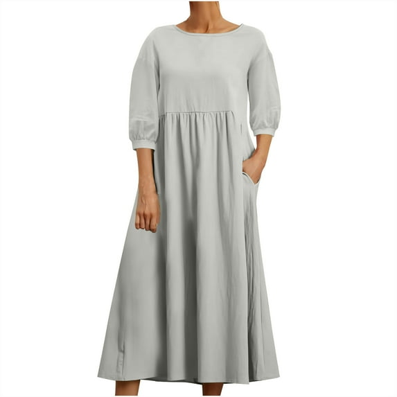 Dresses for Women Women'S Summer Loose Long Sleeve Round Neck Solid Color Ankle-Length Dress