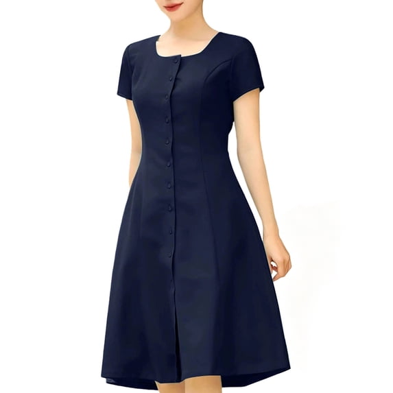 Dresses for Women, Women's A-Line Midi Dress, Short Sleeve Round Neck Button Front Casual Work Dress with Pockets for Summer