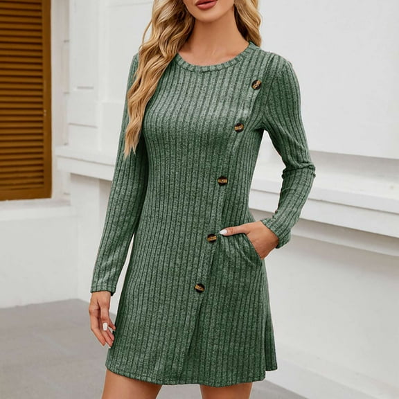 Dresses for Women Women's Casual Solid Color Knitted Striped Round Neck Side Button Pocket Long Sleeve Dress