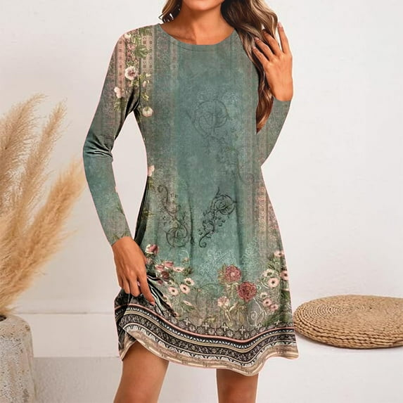 Dresses for Women Women's Fashion Round-Neck Short Sleeved Printed Pullover Dress Deals Green, 2XL