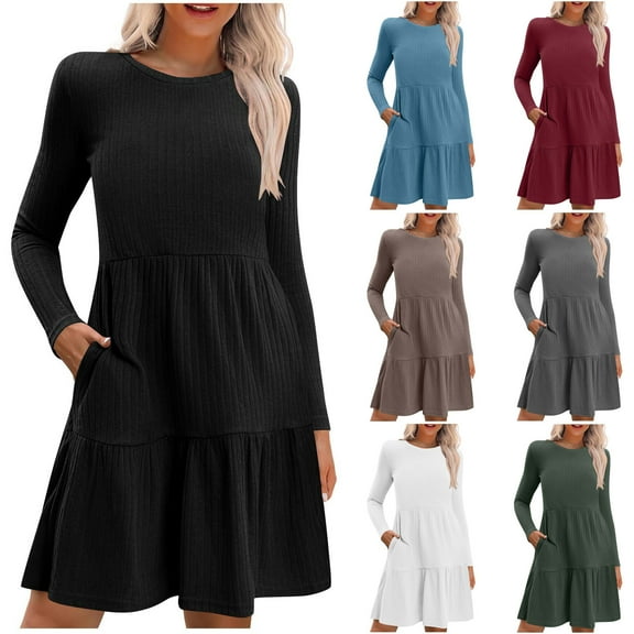 Dresses for Women Women's Fashion Solid Color Round Neck Long Sleeve Round Neck Dress Long Skirt Family Gifts Black, S
