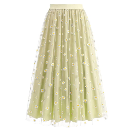 Dresses for Women Women's Long Skirt Flower Embroidery Solid Color High Waist Mesh Midi Skirt Yellow L