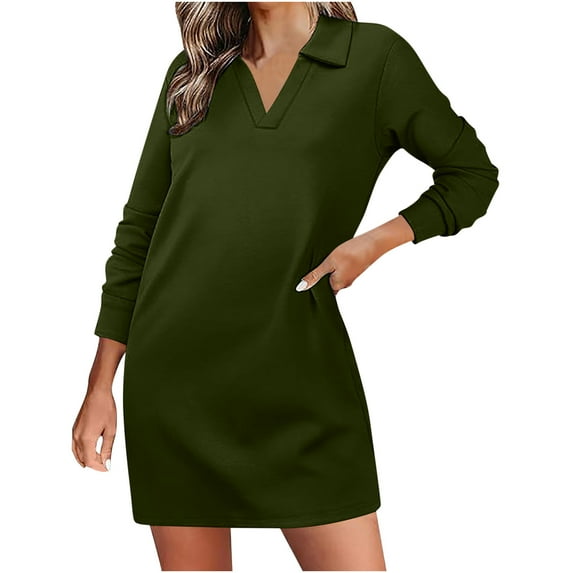 Dresses for Women Women's Long Sleeved Lapel V-neck Sportswear Loose Solid Color Dress on Clearance Army Green, XL