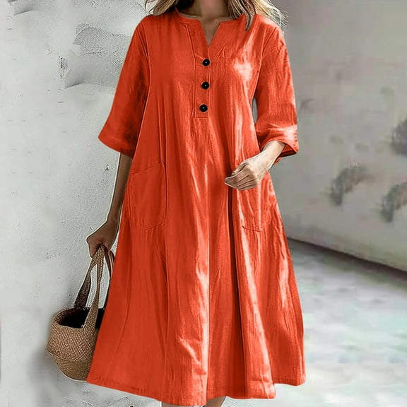 Dresses for Women Women's Solid Color Short Sleeved Button Round Neck Mid Length Dress Boho Dresses for Women 2024