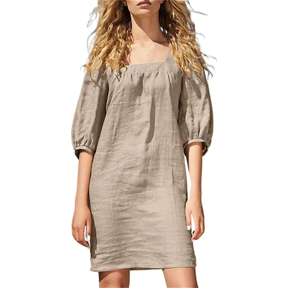 Dresses for Women, Women's Square Collar Cotton Linen Dress Five Point Sleeve Puffed Sleeve Casual Dress Beach Dress for Women