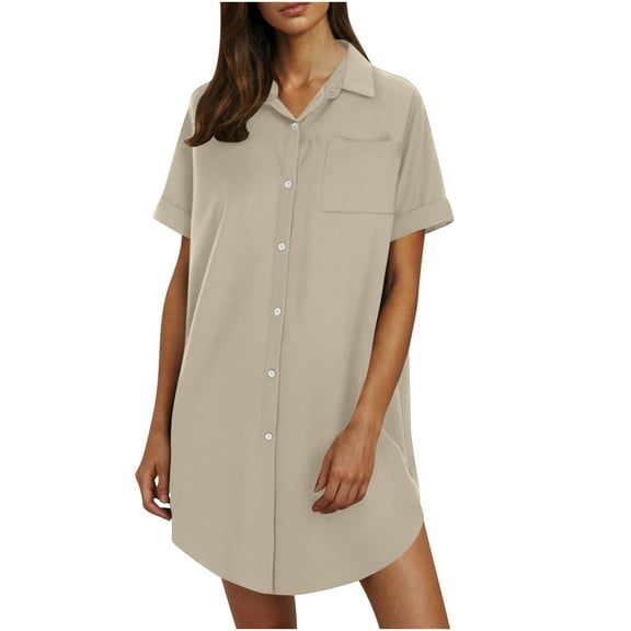 Dresses for Women, Women's Summer Button Up Shirt Skirt With A Collar Made Of Cotton And Linen Mini Dress Shirt Dress Beige S