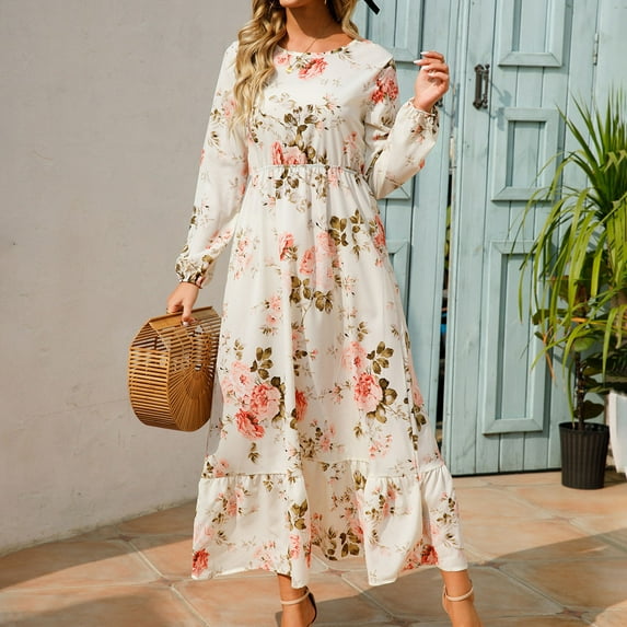 Long Sleeves Dresses, Women's Summer Print Casual Loose Long Sleeve Crew Neck Dress