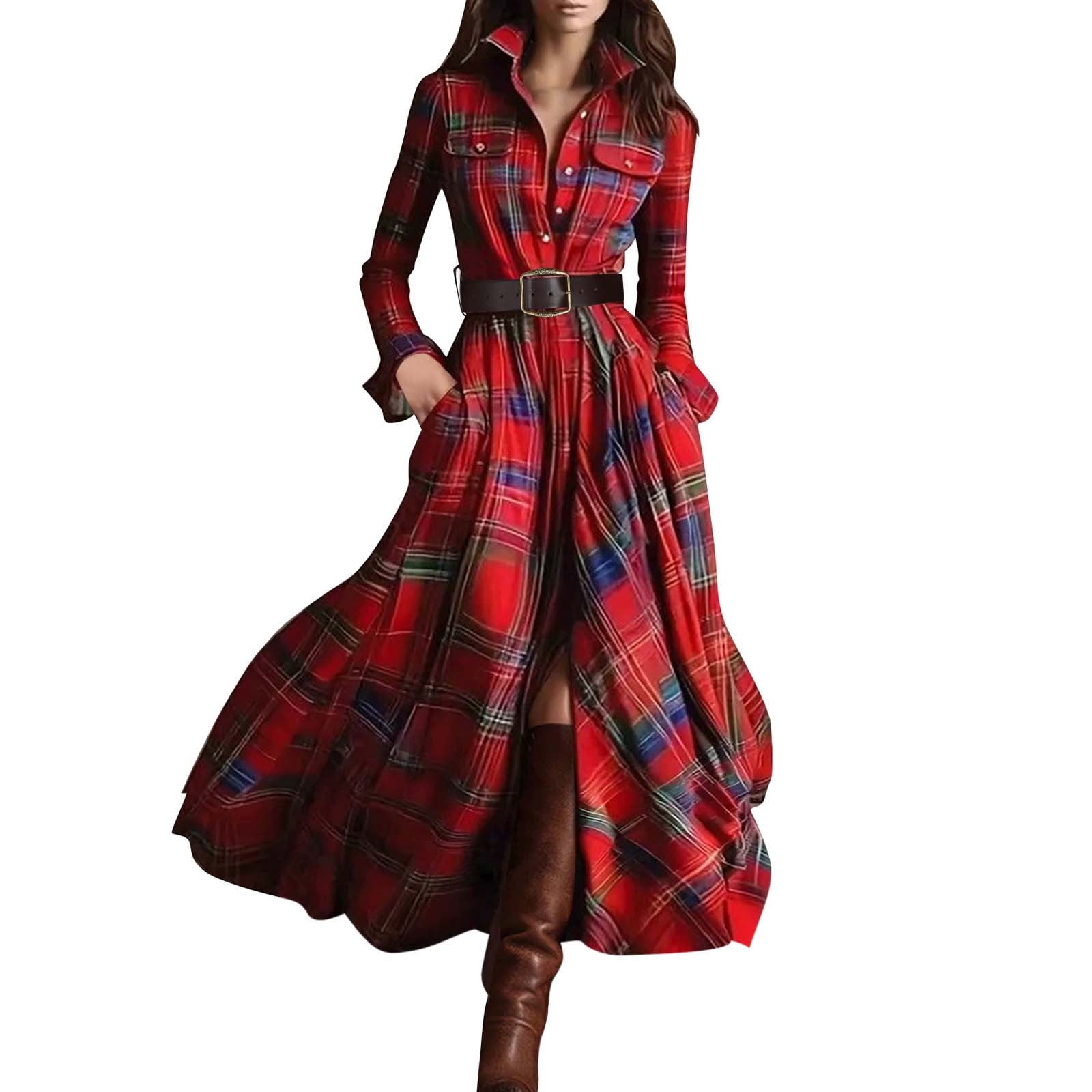 Dresses for Women, Women's Vintage Plaid Slim-Fit Irregular Long-Sleeve ...